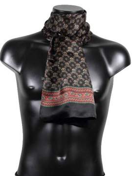 Foulard en soie noir motifs verts bordeaux beiges