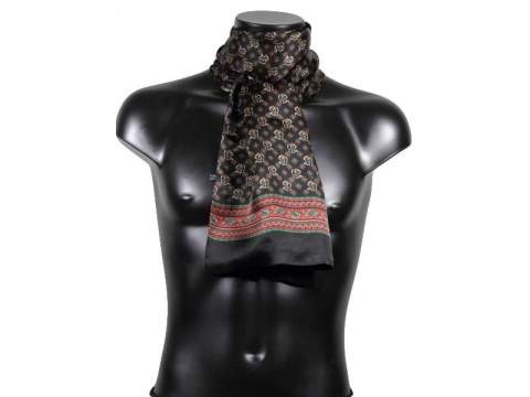 Foulard en soie noir motifs verts bordeaux beiges